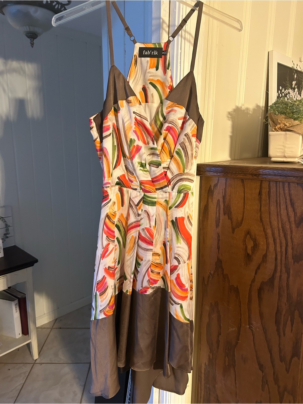 fab'rik Multicolor Brushstroke Midi Dress with Taupe Trim